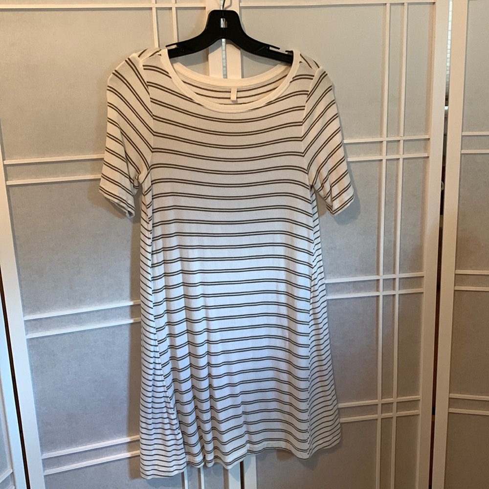 Lou & Grey signature soft T-shirt dress, white with olive green stripes, XS